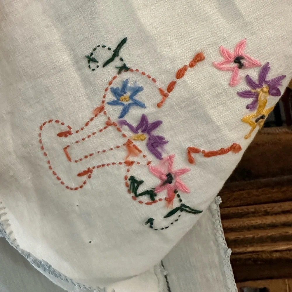 Vintage Pair of His and Hers Handmade Floral Embroidered Crocheted Hand Towels.
